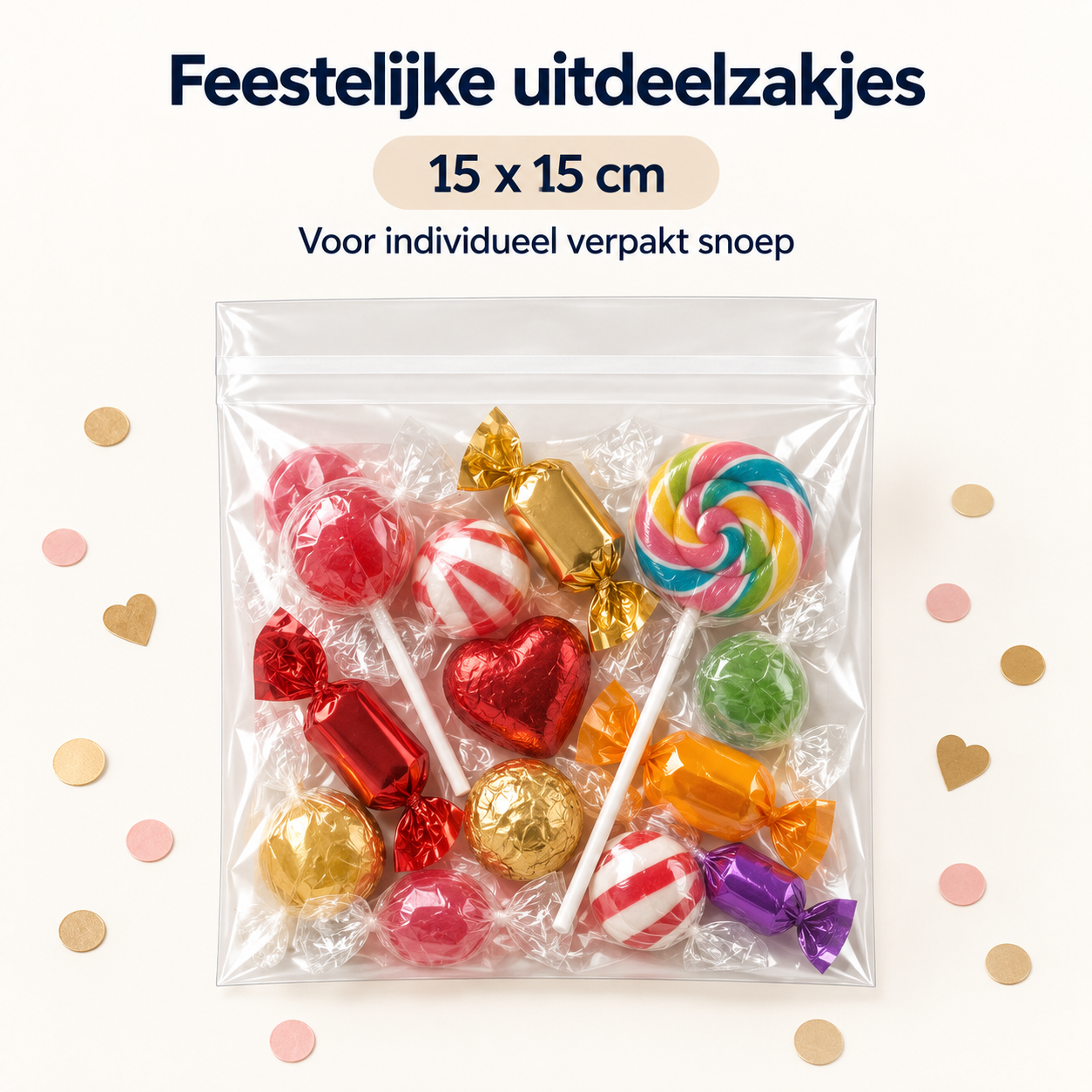 Feestelijk transparant uitdeelzakje met verpakt snoep