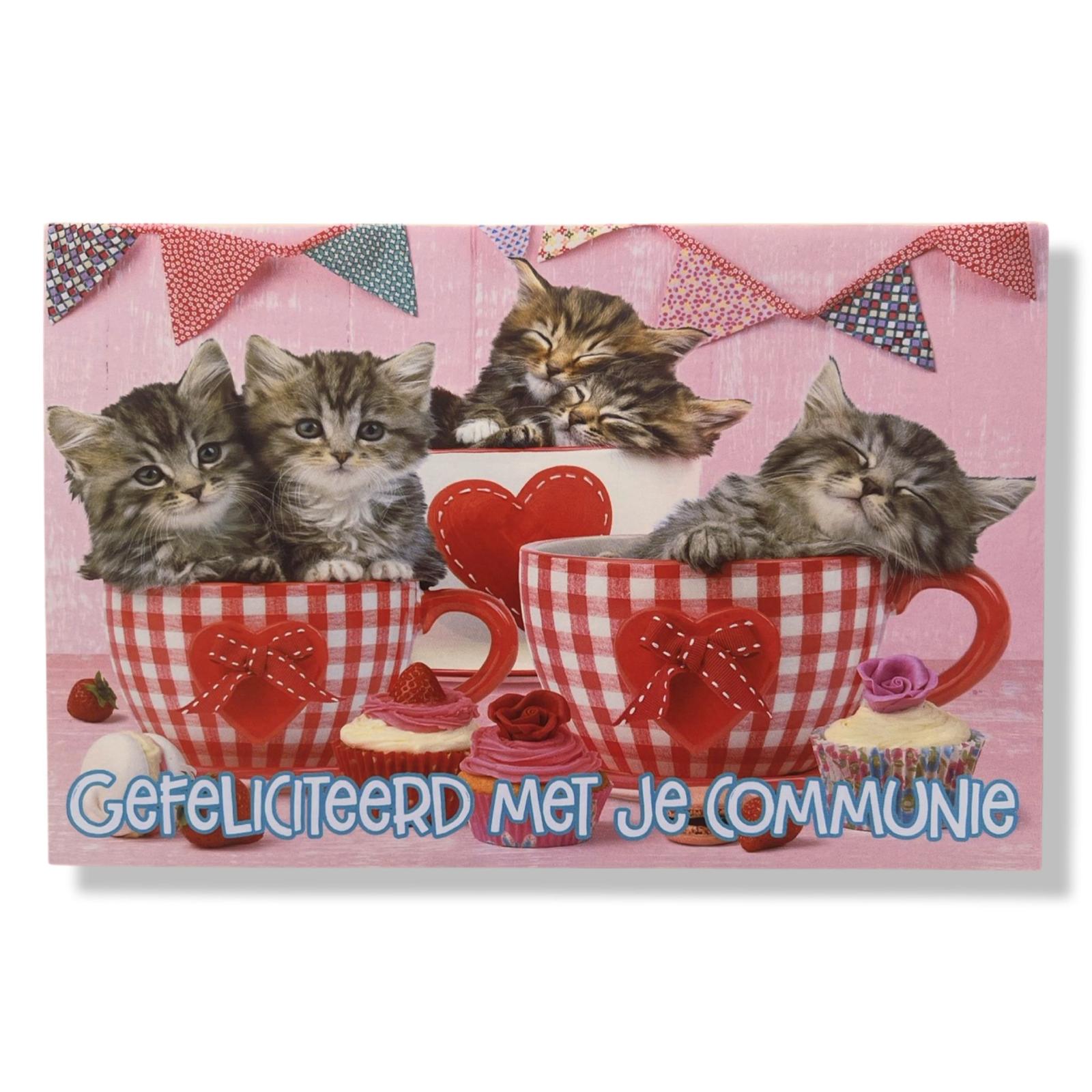 Communie Wenskaart Kittens in theekopjes Communie Wenskaart Kittens in theekopjes