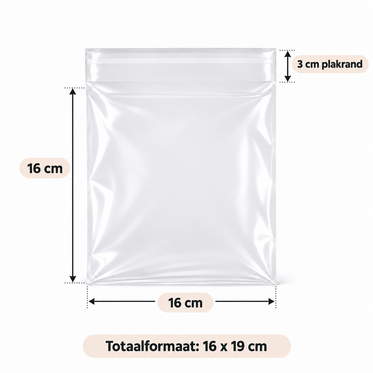 Cellofaanzakje 16 x 16 cm met 3 cm plakrand Foliezakjes 16x16cm