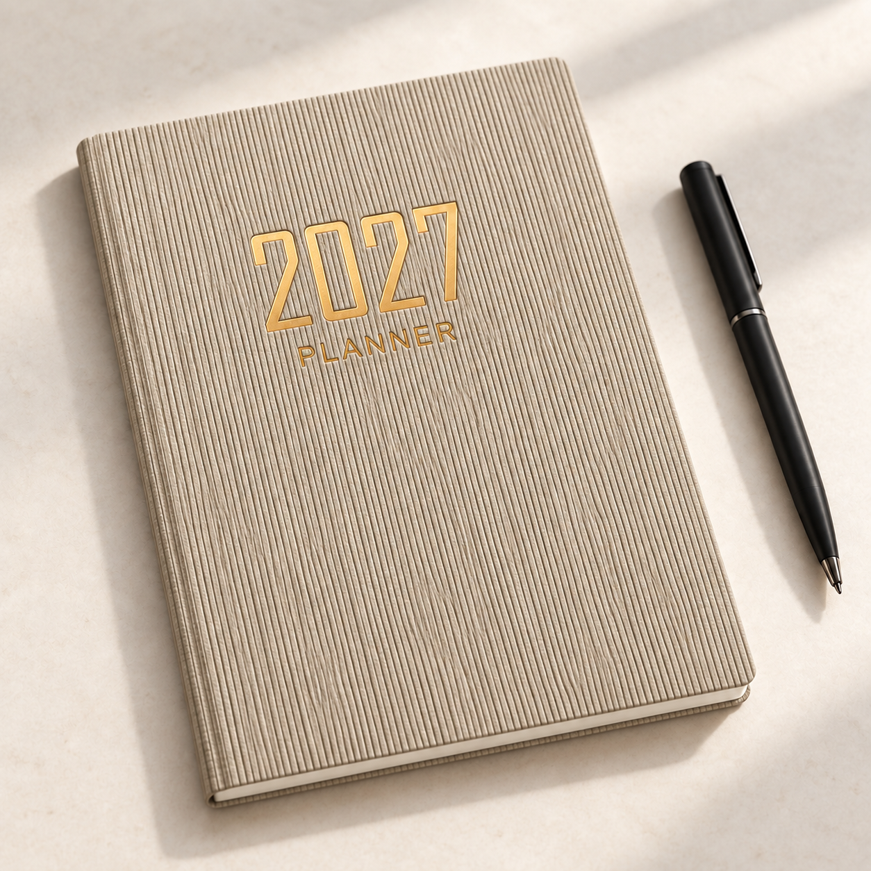 Beige 2027-planner met fijne ribbels