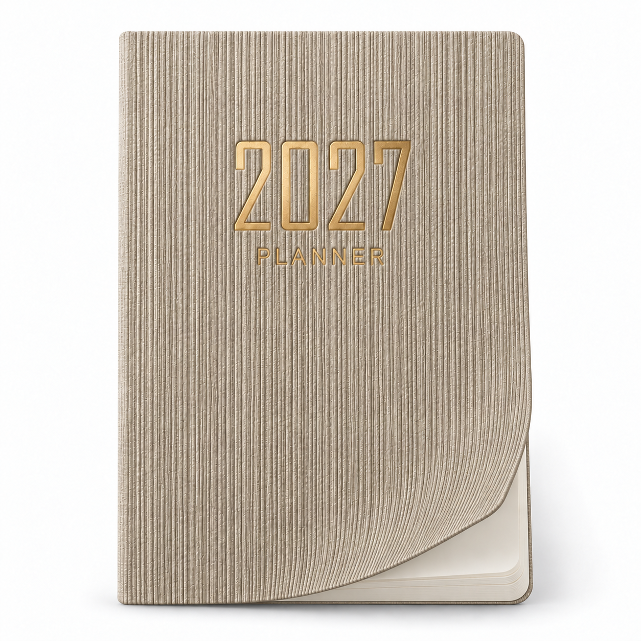 Beige geribde 2027-planner met gouden opdruk A5 Weekagenda Beige 2027