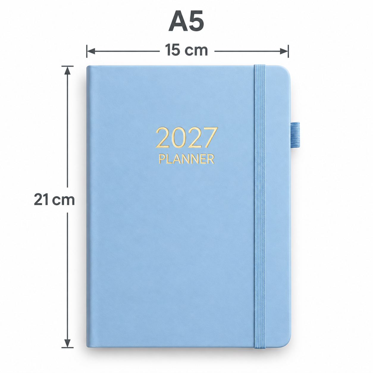 Blauwe 2027 A5-planner met maten