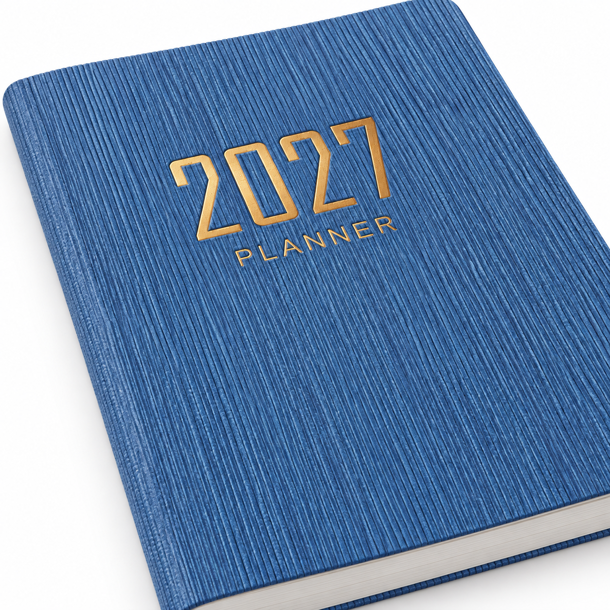 Blauwe 2027-weekplanner met ribstructuur en goudopdruk