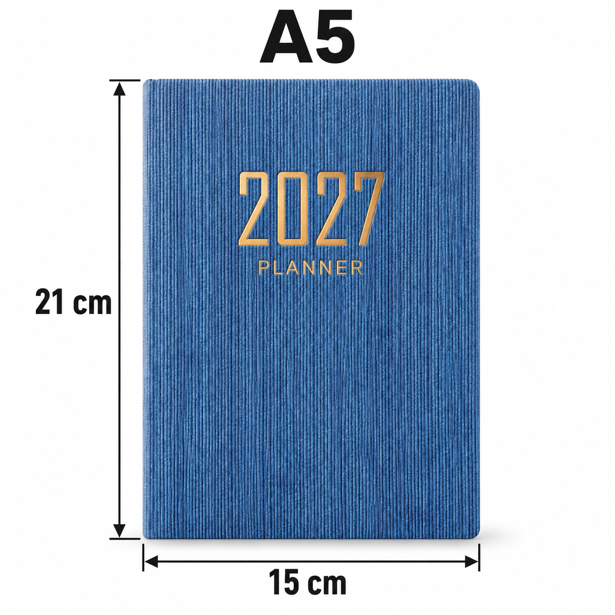 Blauwe A5-weekplanner 2027 met afmetingen