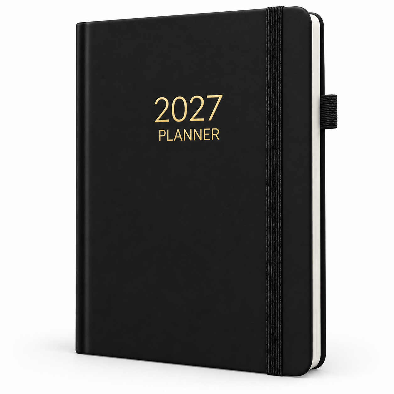Matte zwarte 2027-planner met pennen