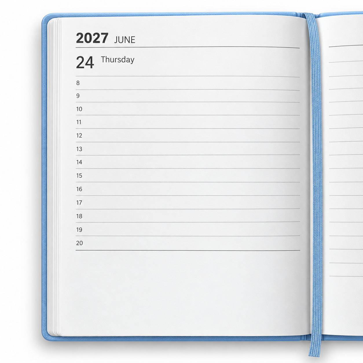 Open blauwe dagplanner, 24 juni 2027
