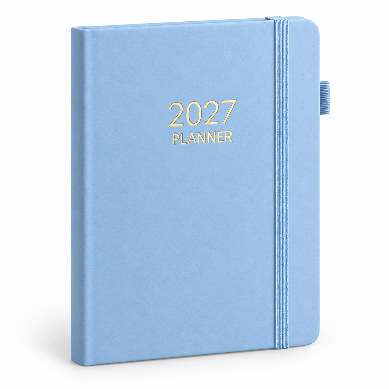 Poederblauwe A5 2027-planner met gouden opdruk