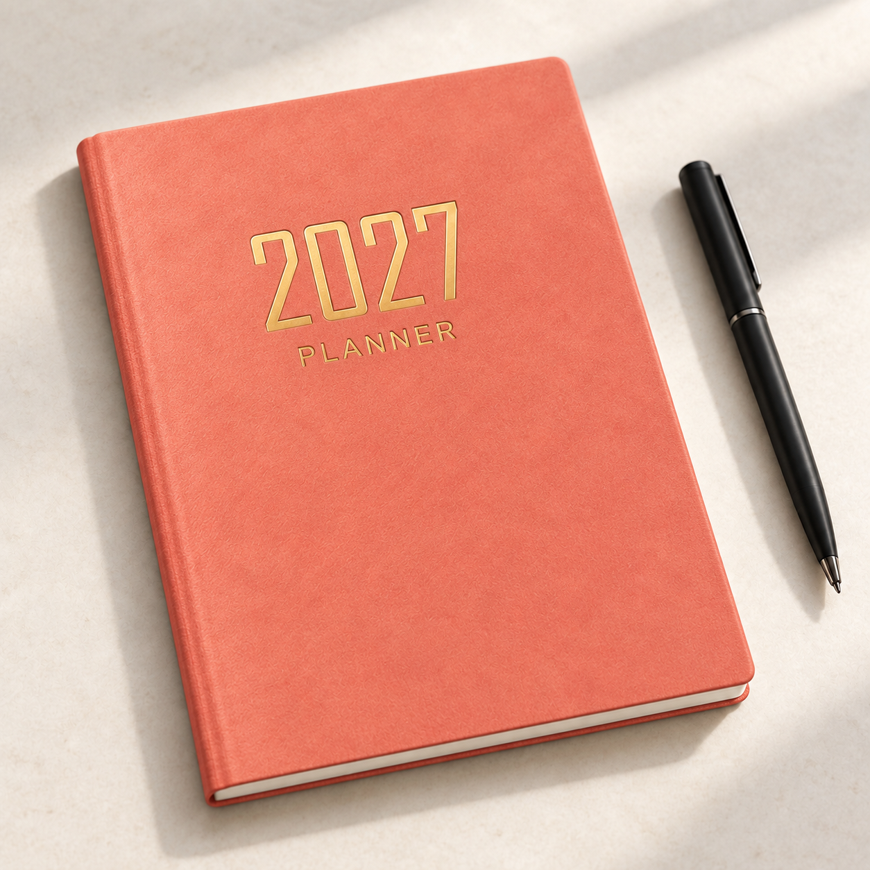 Zalmroze 2027 weekplanner met gouden opschrift