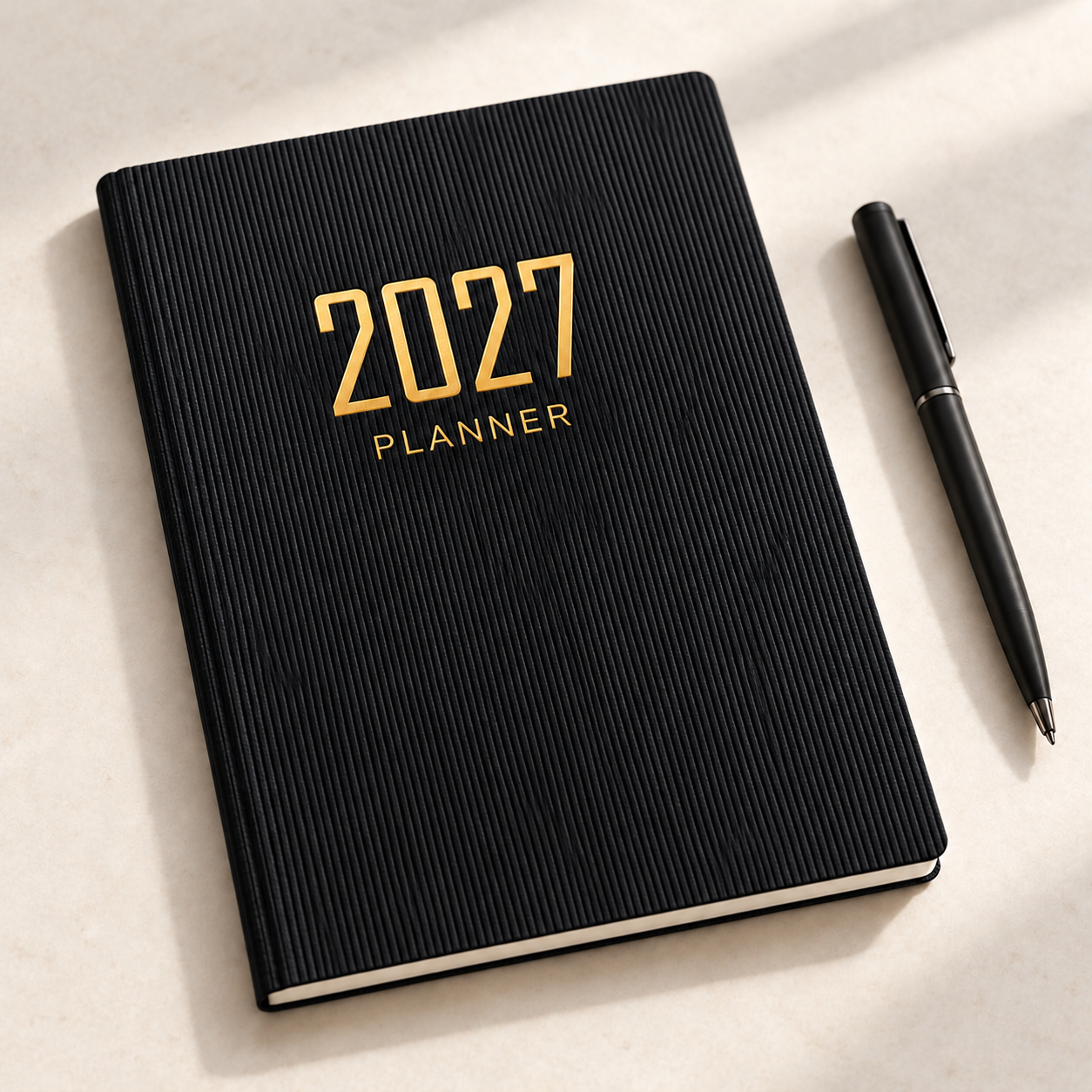Zwarte geribbelde 2027-planner met goudopdruk